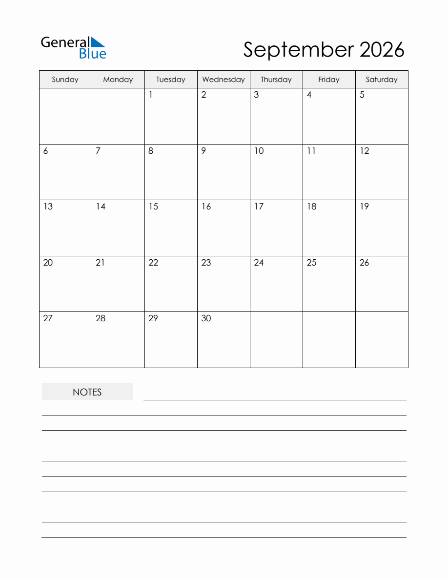 September 2026 Monthly Planner Calendar