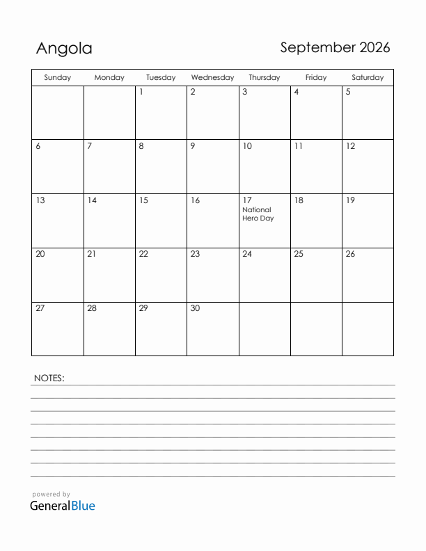 September 2026 Angola Calendar with Holidays (Sunday Start)
