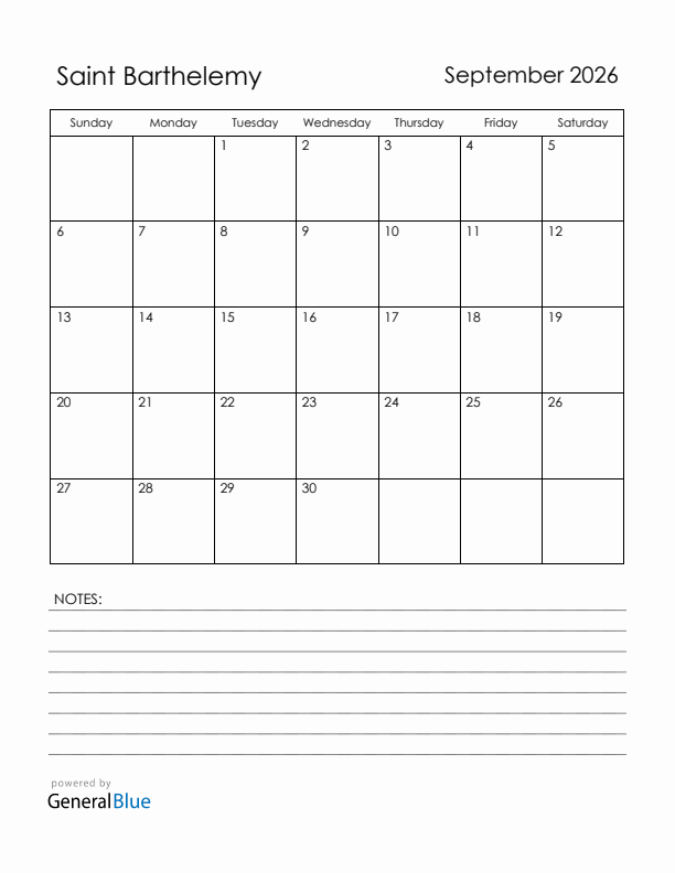 September 2026 Saint Barthelemy Calendar with Holidays (Sunday Start)