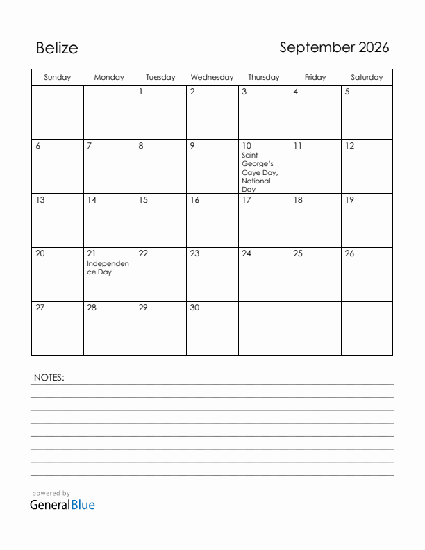 September 2026 Belize Calendar with Holidays (Sunday Start)