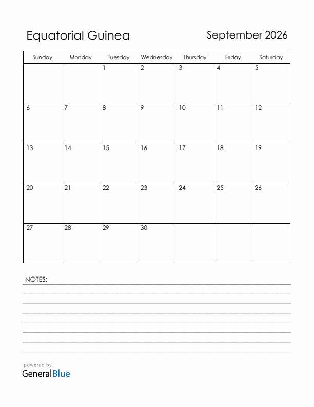 September 2026 Equatorial Guinea Calendar with Holidays (Sunday Start)