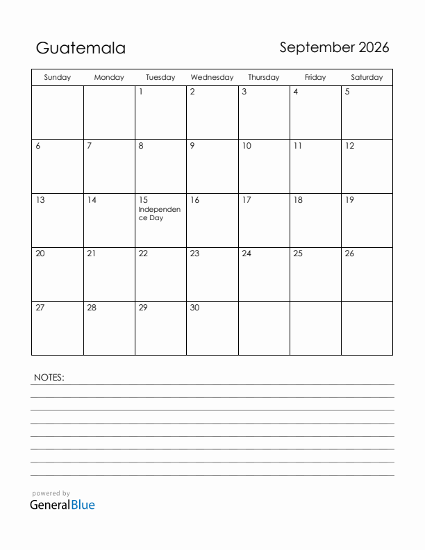 September 2026 Guatemala Calendar with Holidays (Sunday Start)