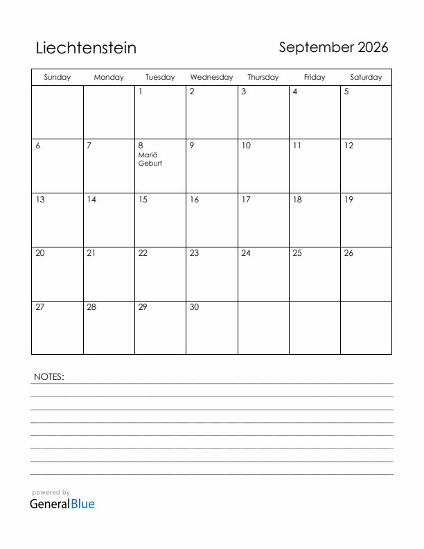 September 2026 Liechtenstein Calendar with Holidays (Sunday Start)