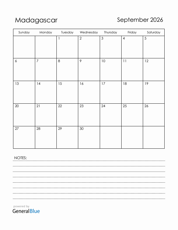 September 2026 Madagascar Calendar with Holidays (Sunday Start)
