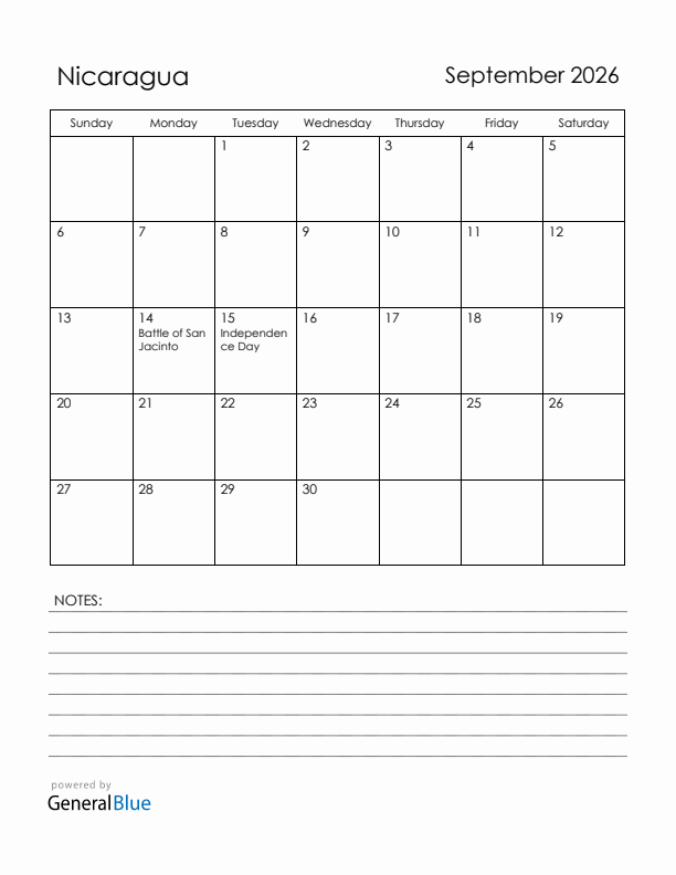 September 2026 Nicaragua Calendar with Holidays (Sunday Start)
