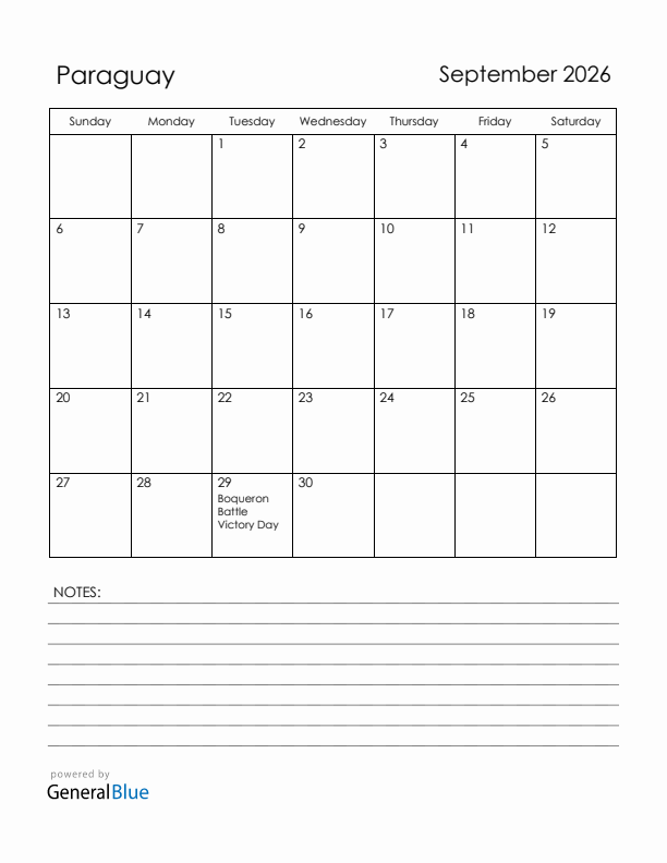 September 2026 Paraguay Calendar with Holidays (Sunday Start)