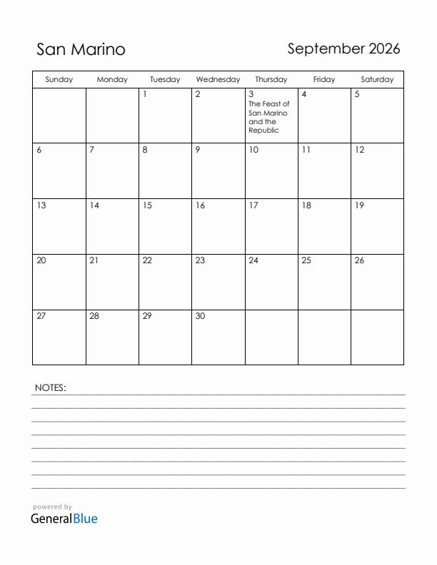 September 2026 San Marino Calendar with Holidays (Sunday Start)