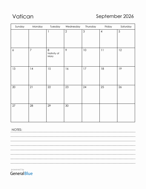 September 2026 Vatican Calendar with Holidays (Sunday Start)