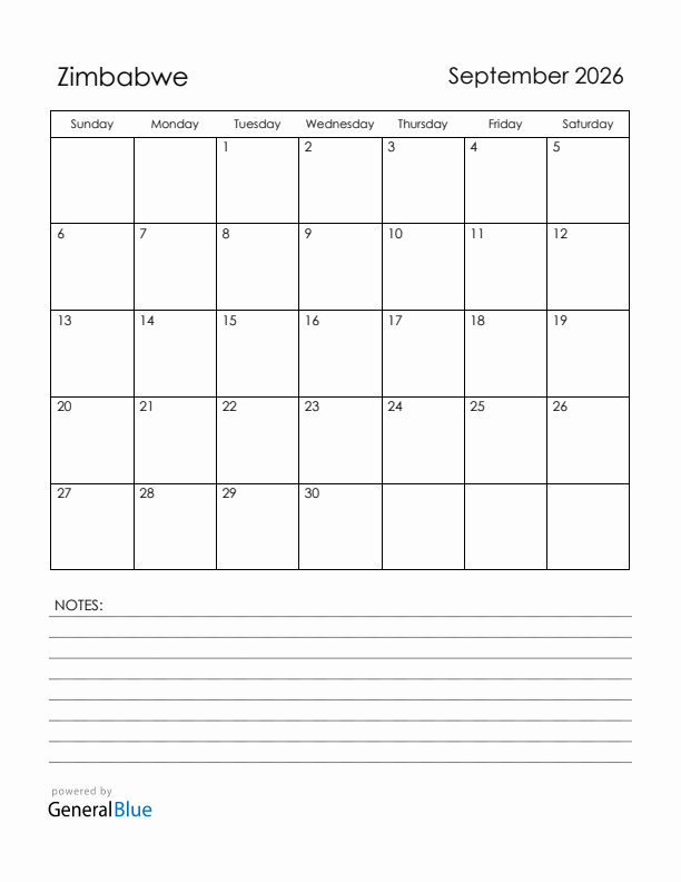 September 2026 Zimbabwe Calendar with Holidays (Sunday Start)