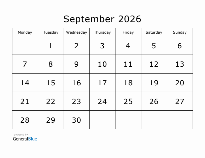 Printable September 2026 Calendar - Monday Start
