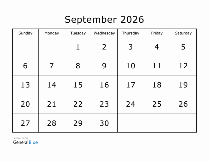 Printable September 2026 Calendar - Sunday Start