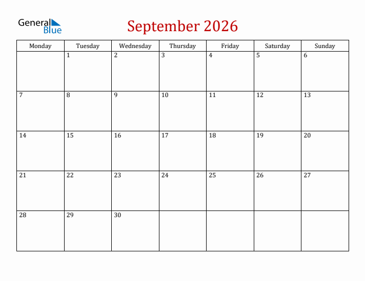 Blank September 2026 Calendar with Monday Start