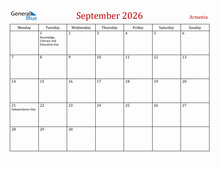 Armenia September 2026 Calendar - Monday Start