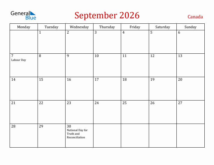 Canada September 2026 Calendar - Monday Start