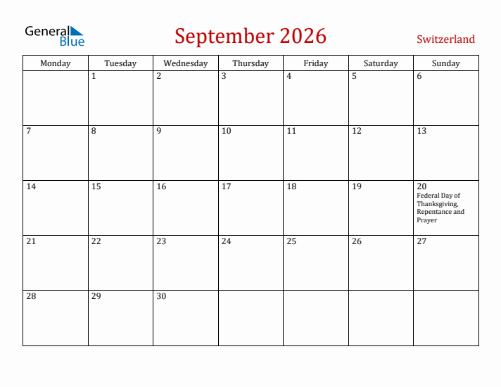 Switzerland September 2026 Calendar - Monday Start
