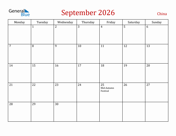 China September 2026 Calendar - Monday Start