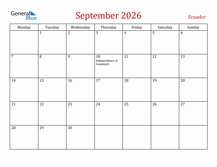 Ecuador September 2026 Calendar - Monday Start