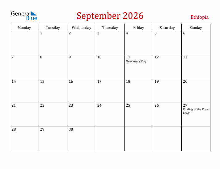 Ethiopia September 2026 Calendar - Monday Start