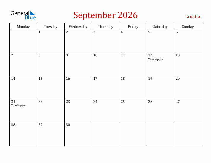 Croatia September 2026 Calendar - Monday Start