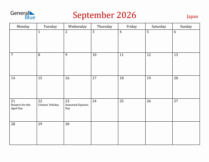 Japan September 2026 Calendar - Monday Start