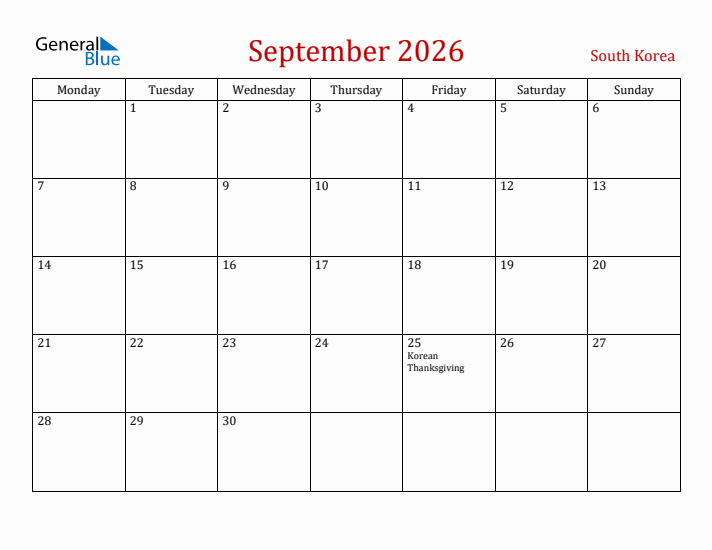 South Korea September 2026 Calendar - Monday Start