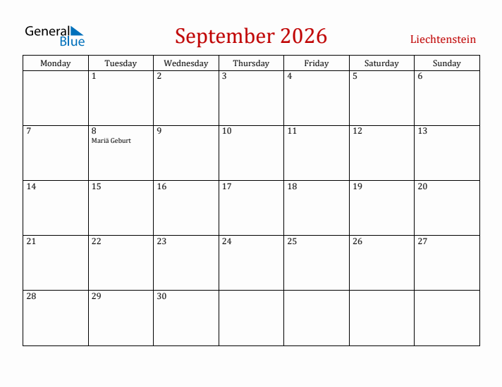 Liechtenstein September 2026 Calendar - Monday Start