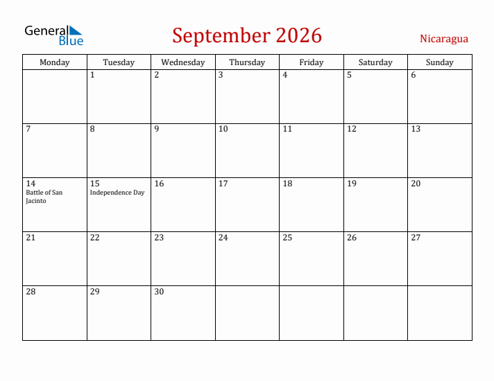 Nicaragua September 2026 Calendar - Monday Start