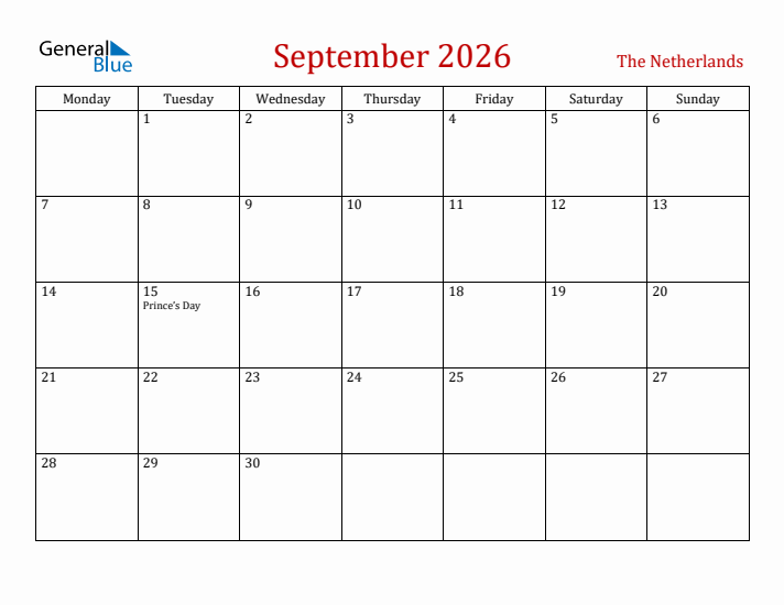 The Netherlands September 2026 Calendar - Monday Start