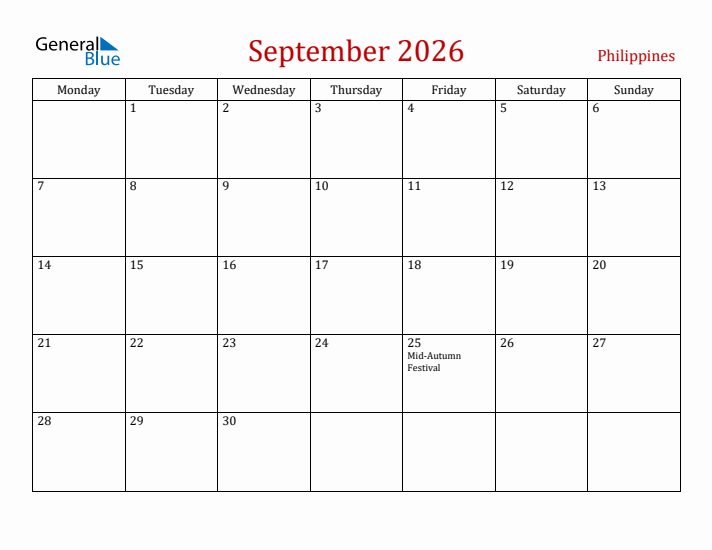 Philippines September 2026 Calendar - Monday Start