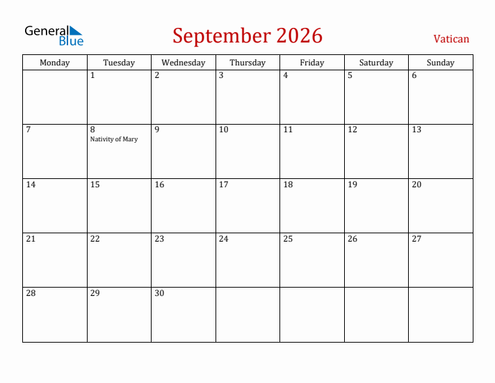 Vatican September 2026 Calendar - Monday Start