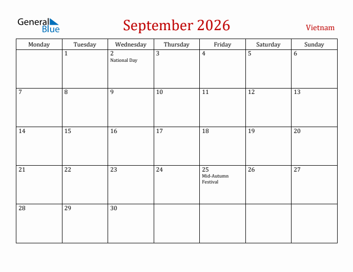 Vietnam September 2026 Calendar - Monday Start