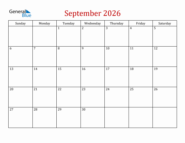 Blank September 2026 Calendar with Sunday Start