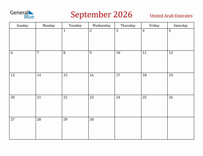 United Arab Emirates September 2026 Calendar - Sunday Start