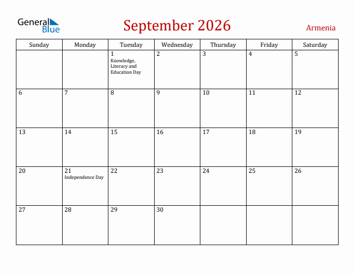Armenia September 2026 Calendar - Sunday Start
