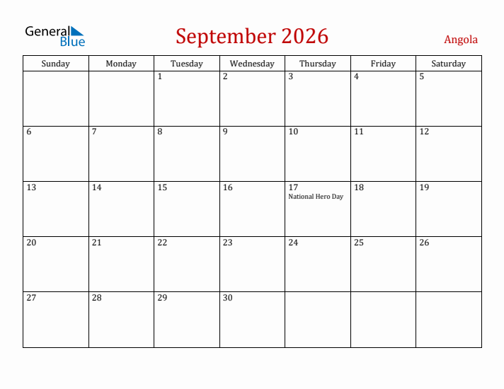 Angola September 2026 Calendar - Sunday Start