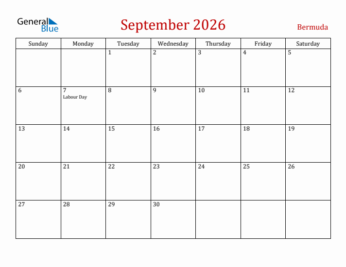 Bermuda September 2026 Calendar - Sunday Start