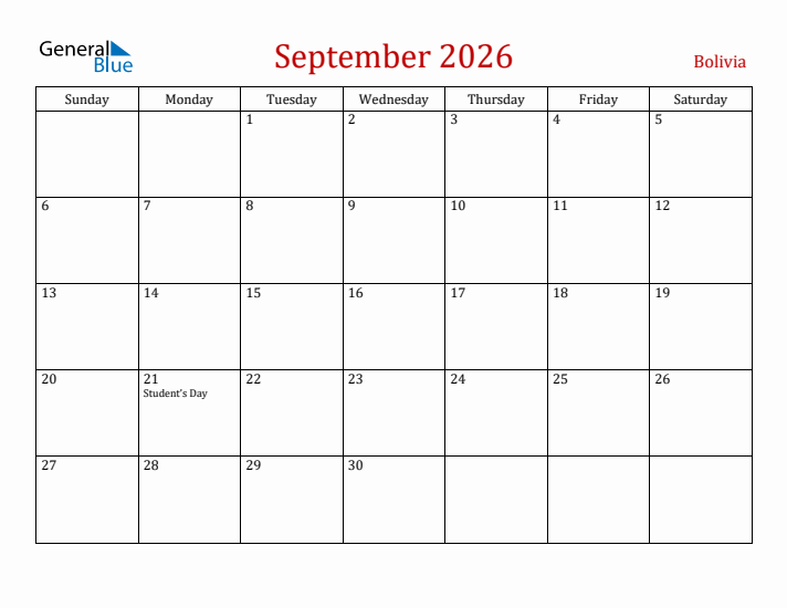 Bolivia September 2026 Calendar - Sunday Start