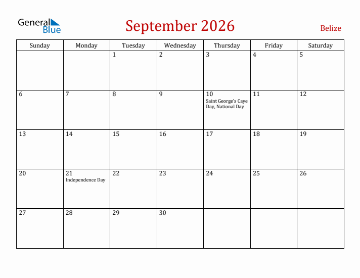 Belize September 2026 Calendar - Sunday Start