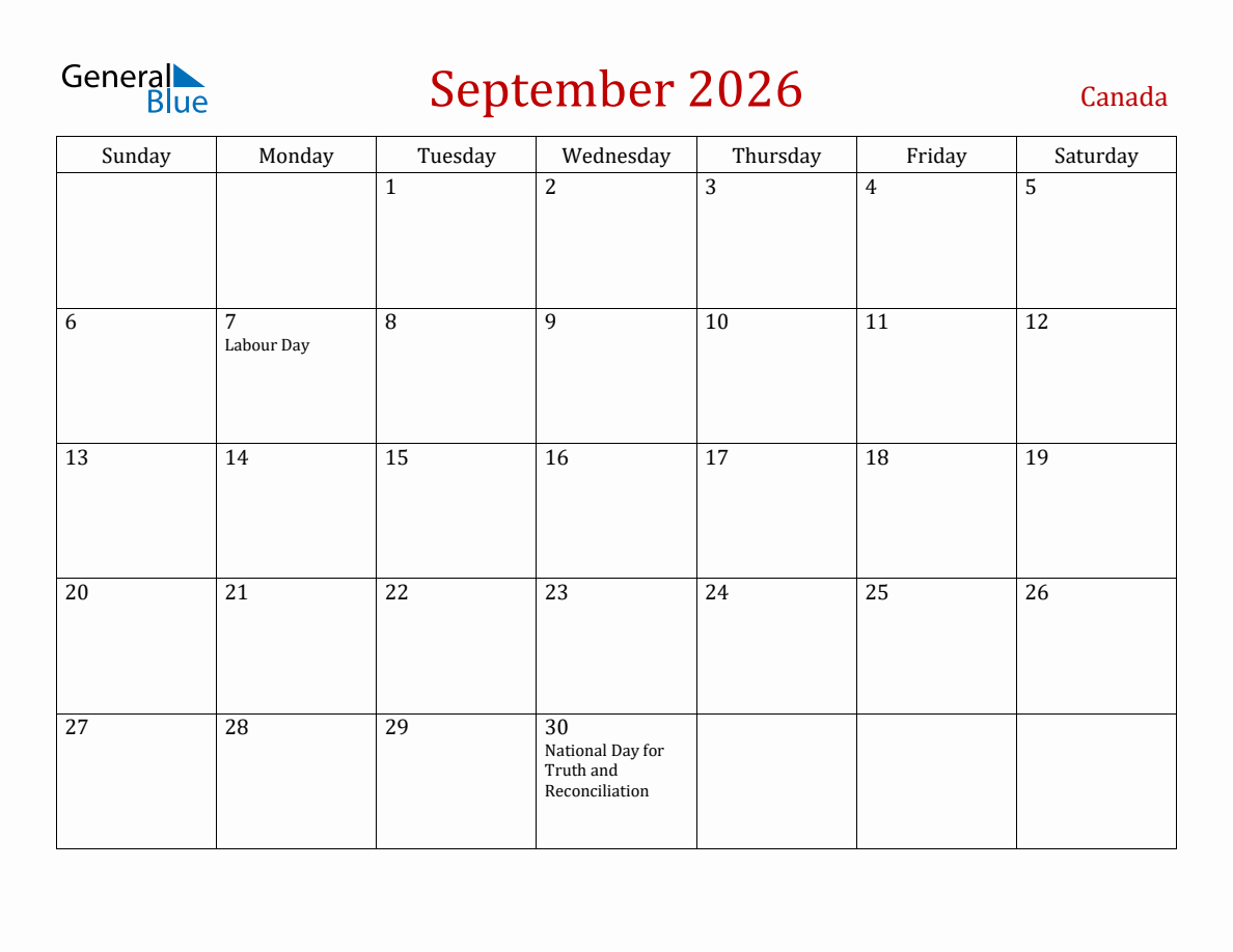 September 2026 Canada Monthly Calendar with Holidays