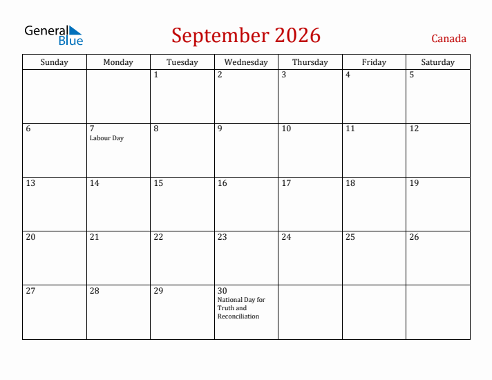 Canada September 2026 Calendar - Sunday Start