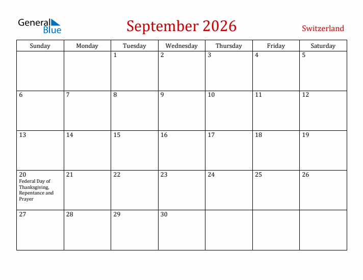 Switzerland September 2026 Calendar - Sunday Start
