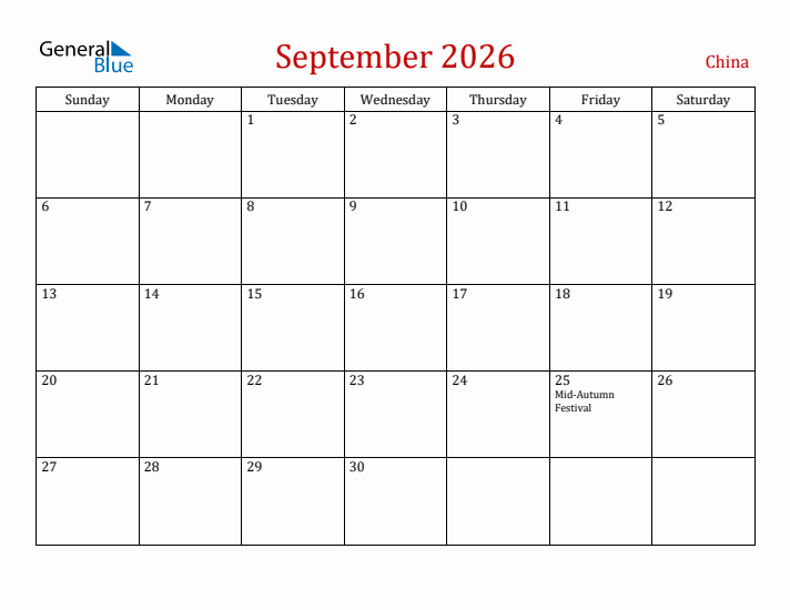 China September 2026 Calendar - Sunday Start