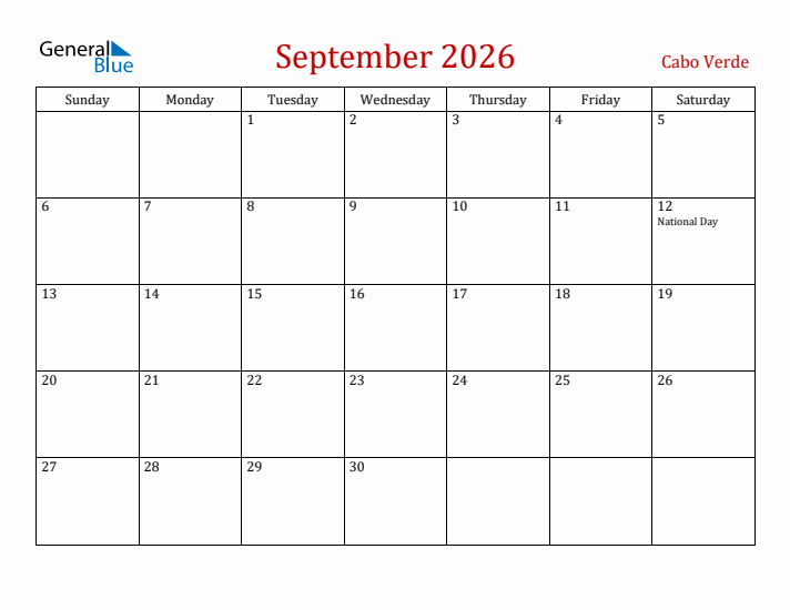 Cabo Verde September 2026 Calendar - Sunday Start