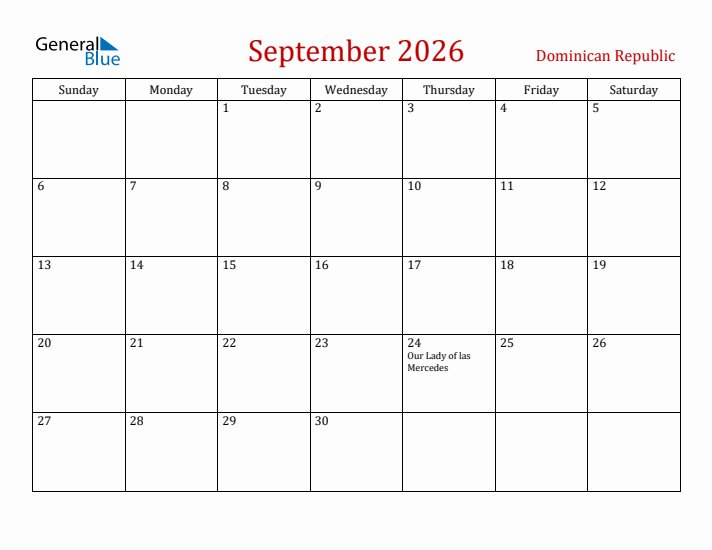 Dominican Republic September 2026 Calendar - Sunday Start
