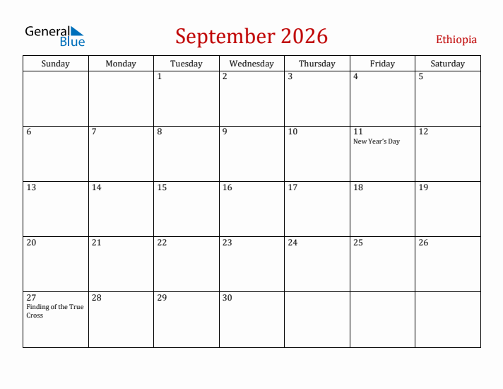 Ethiopia September 2026 Calendar - Sunday Start
