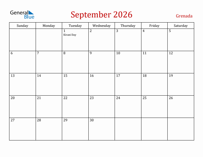 Grenada September 2026 Calendar - Sunday Start