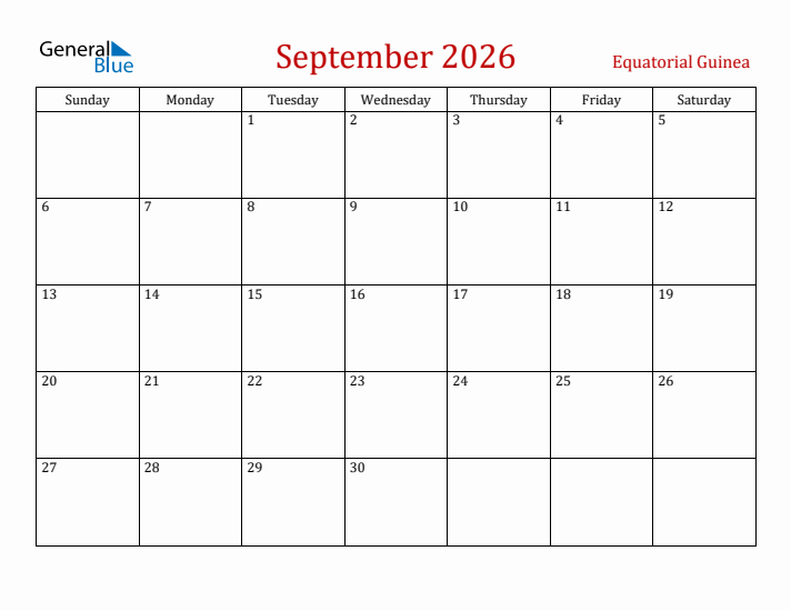 Equatorial Guinea September 2026 Calendar - Sunday Start