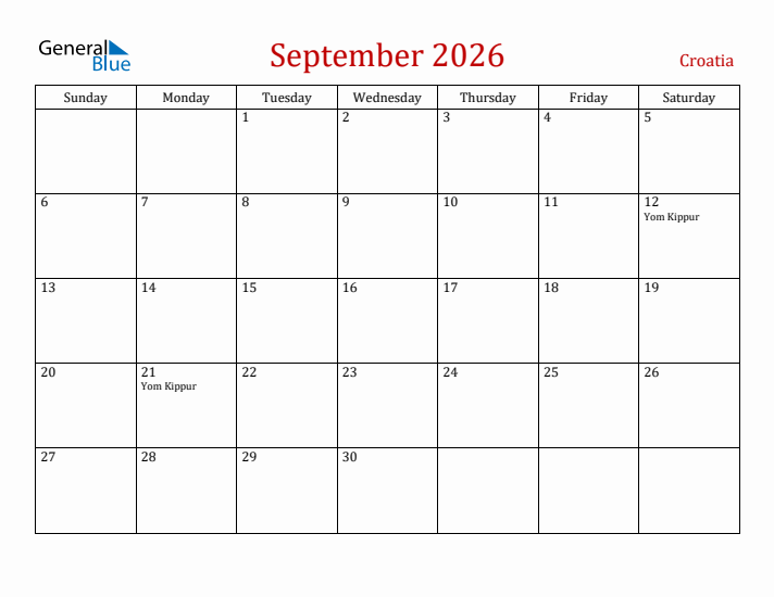 Croatia September 2026 Calendar - Sunday Start