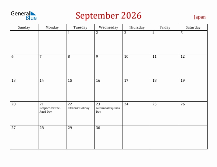 Japan September 2026 Calendar - Sunday Start