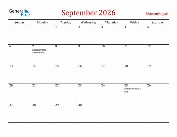 Mozambique September 2026 Calendar - Sunday Start